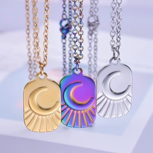 Punk style stainless steel moon pendant necklace available in gold, silver, and rainbow colors