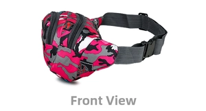 Detailed side view of camouflage fanny pack with multi-pocket design and adjustable strap