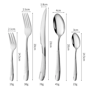 Detailed size chart for stainless steel cutlery set including knife fork and spoons