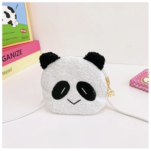 Close-up of panda plush crossbody bag with soft faux fur texture and flower zipper