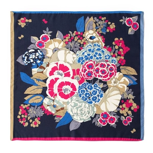 Navy blue geometric floral silk scarf with colorful botanical prints and border