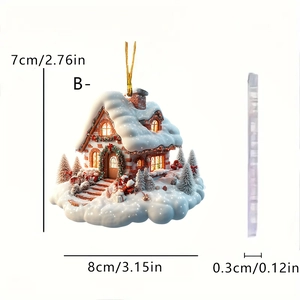 Detailed size chart for Christmas house acrylic ornament showing 8x7cm dimensions