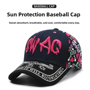 Close-up of pink 3D SWAG embroidery and white patterned brim on a navy baseball cap