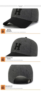 Detail view of wool blend baseball cap with H logo, adjustable strap, and reinforced stitching