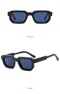 Classic square black sunglasses with blue lenses shown in front and side views