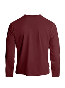 Back view of burgundy long sleeve Henley shirt showing smooth stitching and fabric texture
