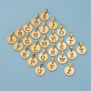 Polished gold stainless steel alphabet pendant set with round hollow A-Z letter charms