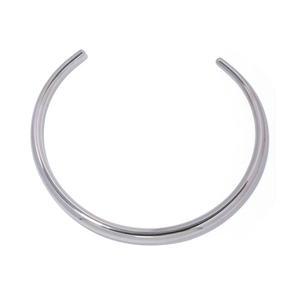 Polished silver stainless steel open bangle bracelet with minimalist oval bead design