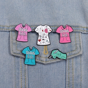 5-piece medical enamel pin set with scrub life designs on a blue denim jacket pocket