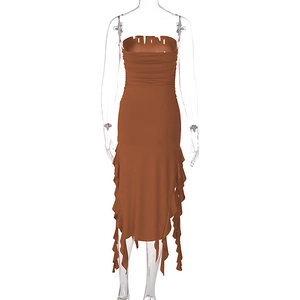 Detail of caramel brown strapless dress with tiered ruffles and pleated waist design
