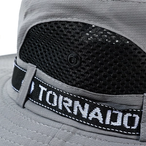 Grey outdoor fishing sun hat with breathable black mesh and Tornado branding ribbon