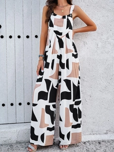 Women Sleeveless Geometric Print Wide Leg Jumpsuit Backless Bohemian Summer Vacation Loose Long Pants With Pockets