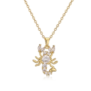 Gold plated necklace featuring a scorpion pendant inlaid with sparkling white zircons