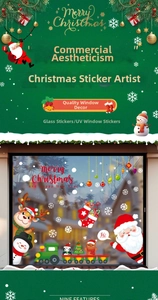 Detailed Christmas window stickers with Santa Claus, reindeer, and festive snowflakes