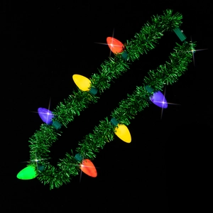 Christmas light-up necklace with multi-colored LED bulbs on green tinsel wire for party