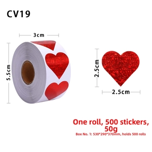 Detail view of 1-inch holographic heart stickers roll with precise size measurements