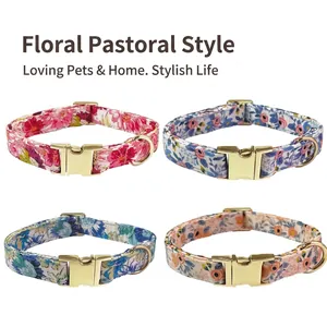 Floral pattern dog collars with adjustable golden metal buckles in four distinct colors