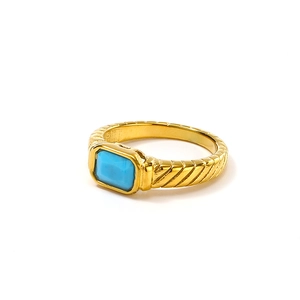 French vintage 18k gold plated titanium ring with rectangular turquoise stone and textured band