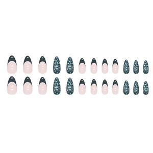 Faux ongles en amande avec pointes françaises vert foncé et fini pailleté bleu-vert