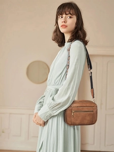 Brown PU leather crossbody bag with multi-zipper compartments and floral wide strap