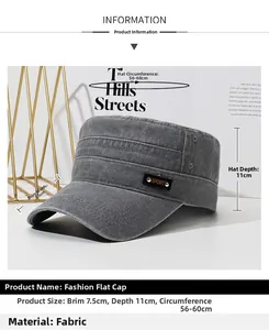 Detail of grey washed cotton flat top hat featuring a SPORT leather patch on the side