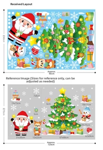 Detailed size chart for Christmas window stickers with Santa, snowman and deer patterns
