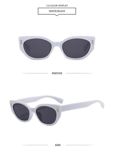 Detail view of white cat-eye sunglasses with black lenses from front and side angles