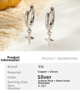 Detailed view of silver star hoop earring with 8mm inner diameter and 0.8mm pin size