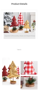 Detail of mini Christmas trees in red plaid and gold sequins on rustic wooden bases