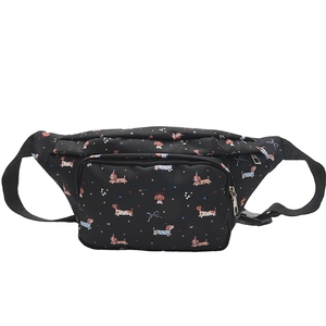 Detail of cute black sausage dog print fanny pack with adjustable strap and zipper pocket