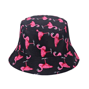Black reversible bucket hat with pink flamingo print for women sun protection