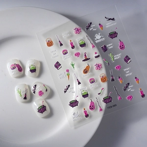 5D Halloween nail stickers with white ghosts, pumpkins, and witch hats on embossed decals