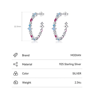 Elegant 925 sterling silver C-shaped earrings with colorful cubic zirconia, 22.5mm height