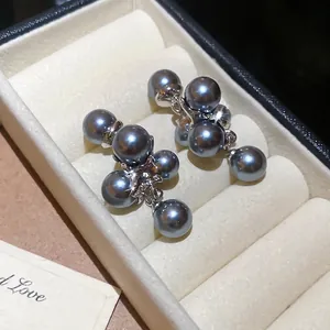 French vintage cluster drop earrings with grey pearls and S925 silver needle studs