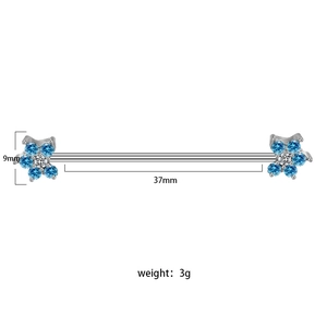 Barbell industriale con barra d'argento e fiori di gemme blu da 37mm di lunghezza