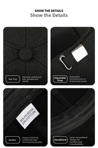 Detailed views of polyester-cotton blend winter baseball cap with adjustable strap and lining