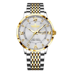 Men's two-tone luxury watch with diamond markers and Roman numeral double calendar