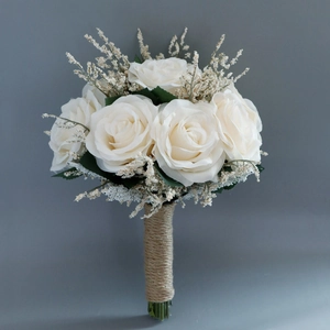 Artificial Rose Bridal Bouquet Satin Flowers Twine Wrapped Grip For Wedding Photography Props Home Decor Romantic Rustic Style