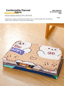 Close-up of quilted pet sleeping mat with soft brushed fabric and cartoon bear pattern