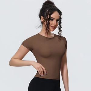 Detailed view of brown slim-fit sports t-shirt with high-elastic breathable fabric