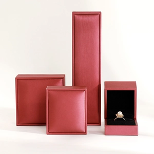 Red brushed PU leather jewelry gift box set with black velvet lining for rings and necklaces