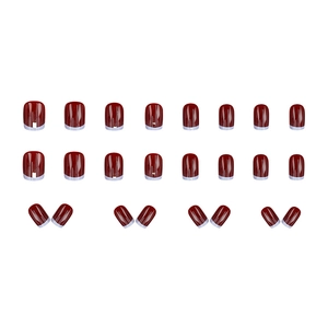French wine red false nails with silver edge, 24pcs short square round nail glue on set