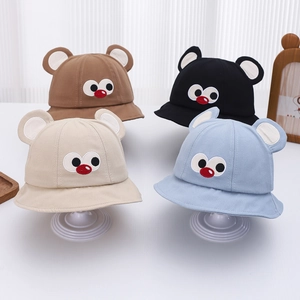 Cute embroidered baby sun hats with bear ears in brown, black, beige, and light blue