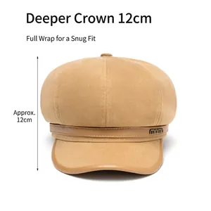Khaki Achteckige Schirmmütze für Damen aus Wollstoff mit schickem Lederriemen-Detail