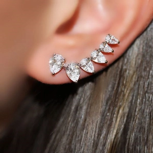 Pear Cut Cubic Zirconia Ear Crawler Earrings Copper Base Curved Waterdrop Design Minimalist Fashion Jewelry For Women