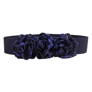 Fashionable dark blue elastic waist belt featuring three large elegant 3D fabric flowers