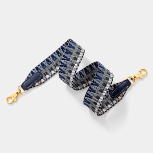 Blue and grey geometric woven replacement shoulder strap with gold metal hooks