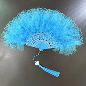 Detailed close-up of a blue lace feather fan with elegant gold hollow handle and soft tassel