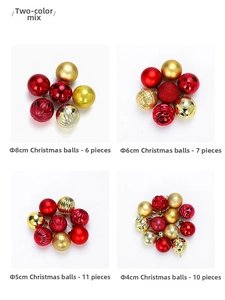 Detailed size guide for red and gold Christmas ball set in matte and shiny finishes