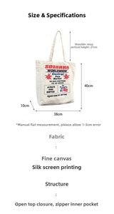 Detailed size chart for large canvas tote bag showing height width and strap dimensions